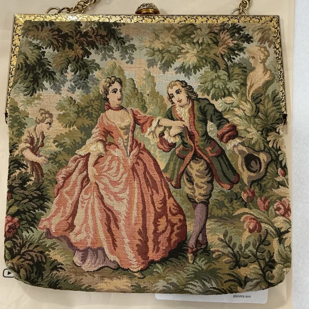 Vintage Delill Tapestry Frame Kisslock Clutch Bag Chain Strap French Rococo 50s